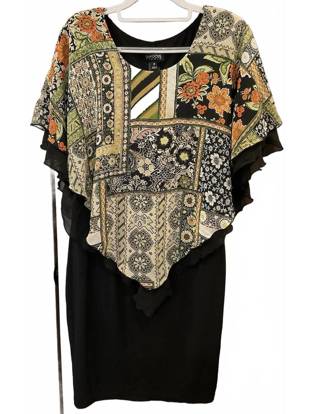 Enfocus Studio Womens Sleeveless Black /brown 2 Layer Top Bat Wing Dress Size 8